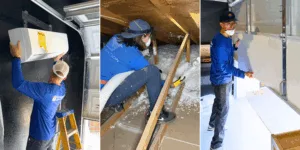 Insulation and HVAC experts cooling down a hot Arizona garage with blown-in attic insulation and a ductless mini split AC system.