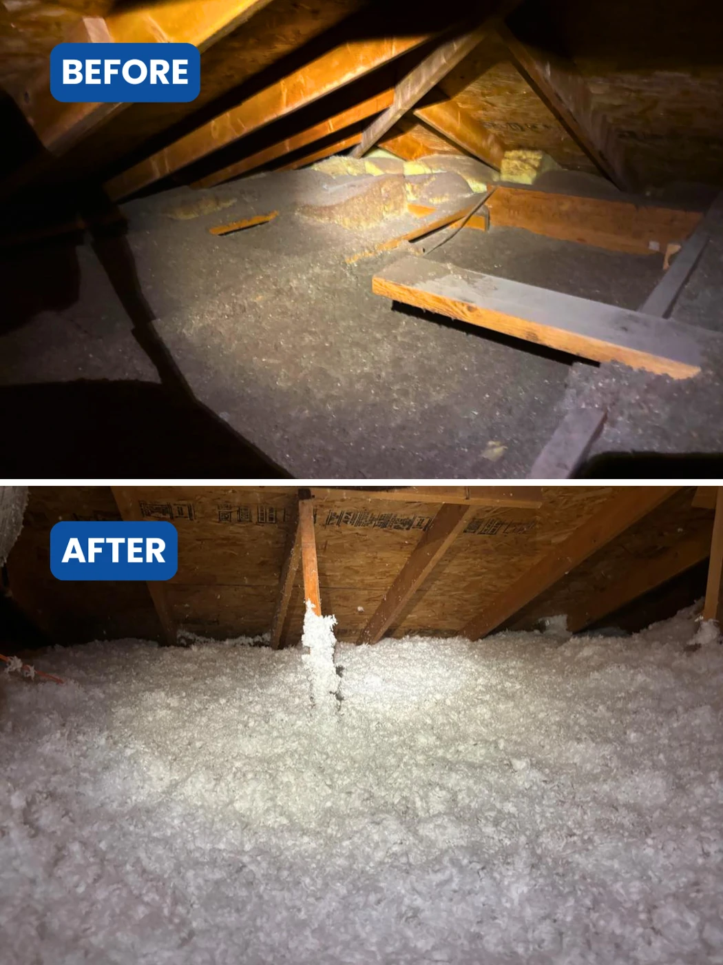 Before and after photos of a Scottsdale, AZ attic insulation upgrade — bare drywall and exposed joists before, a deep even blanket of blown fiberglass after.