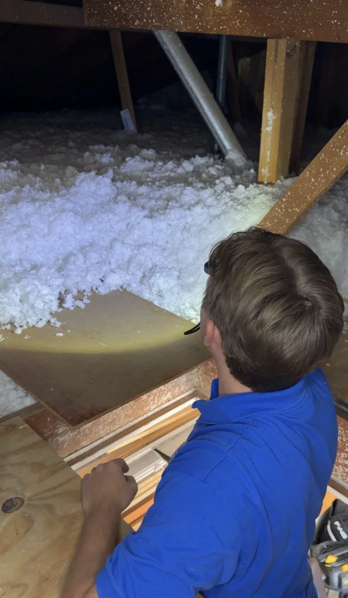 An AZ Insulation technician at the attic hatch looking out over a clean deck of fresh blown-in fiberglass in a Mesa, AZ attic.