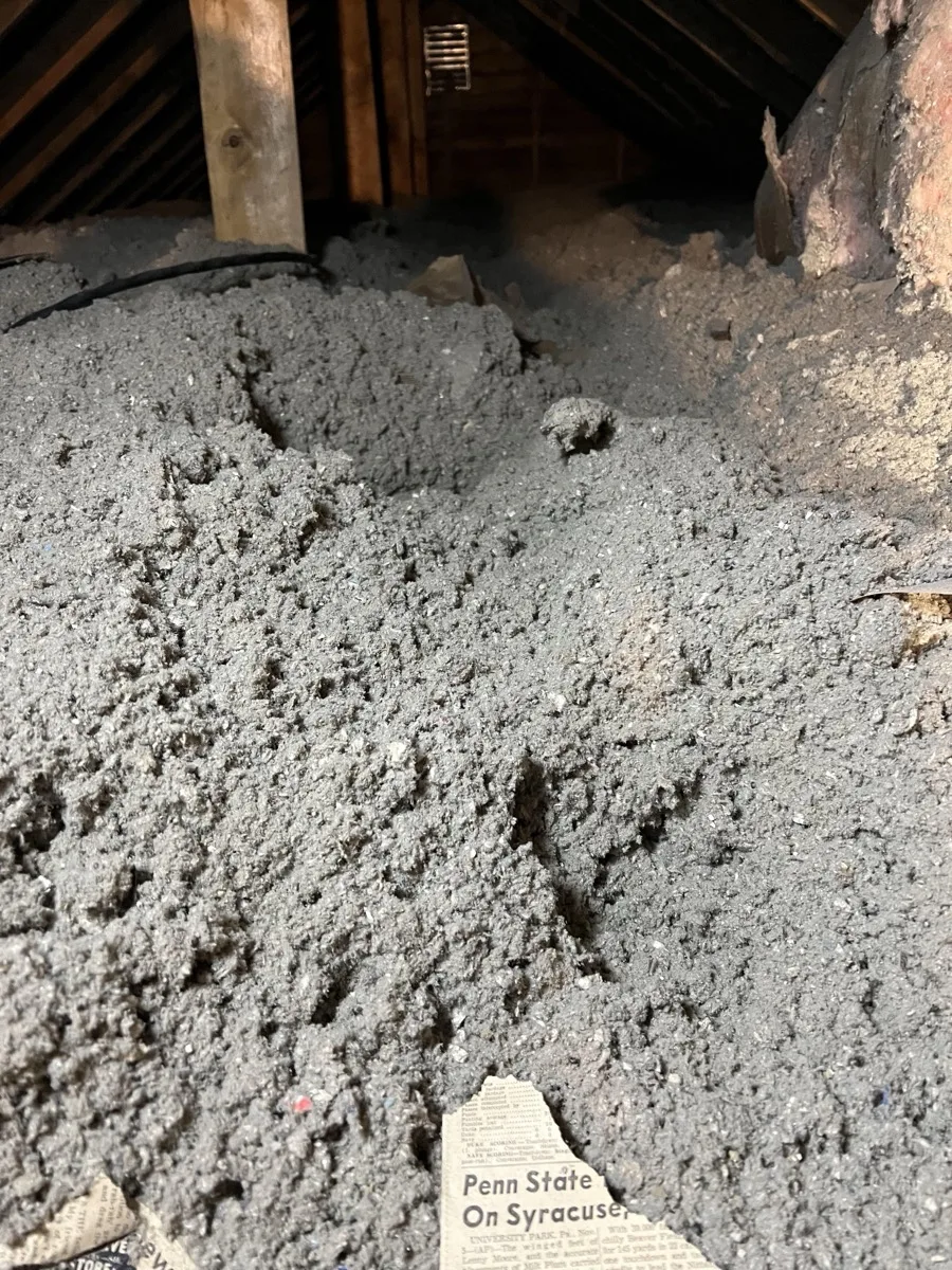 Decades-old gray cellulose insulation settled flat in an Arizona attic, with debris mixed into it.