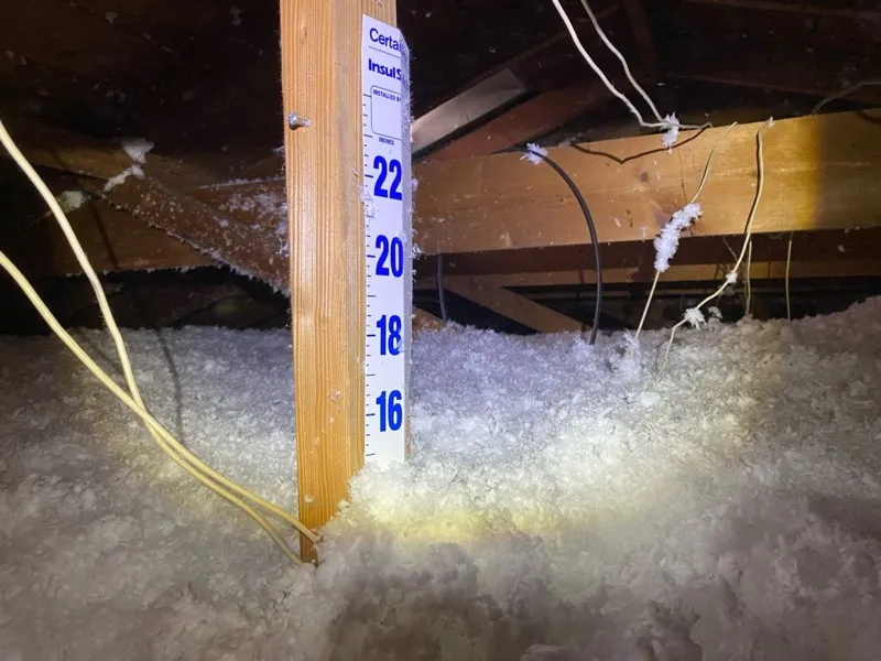 Blown-in fiberglass attic insulation measured to R-38 depth in a Chandler home with an SRP rebate discount