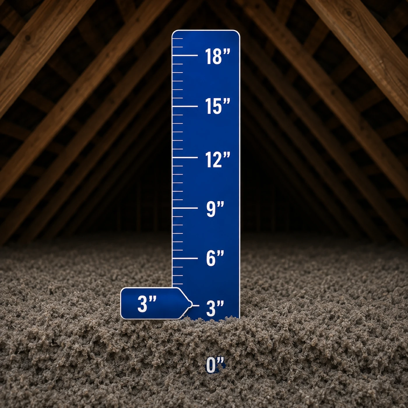 A depth ruler in an Arizona attic reading 3 inches of old settled insulation.
