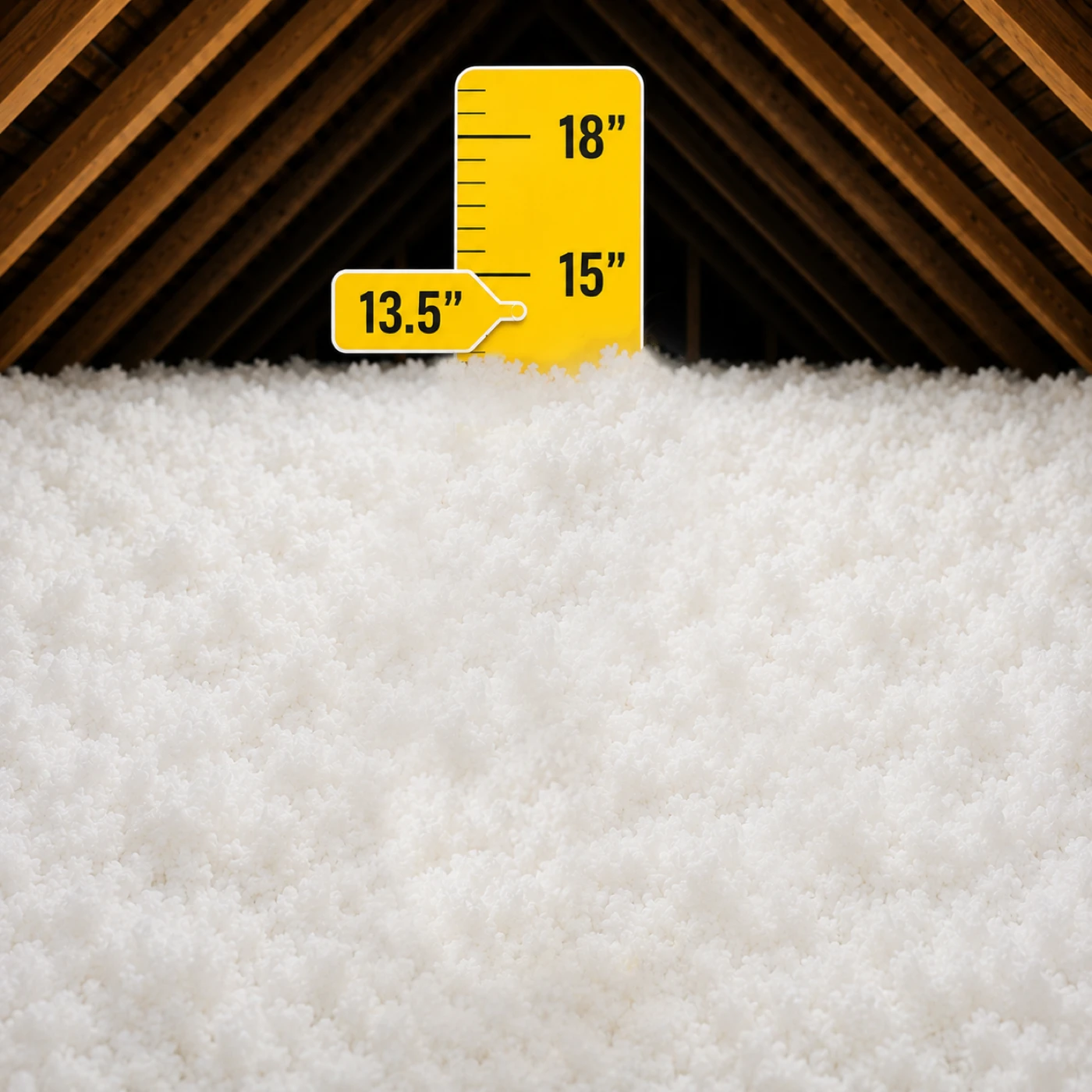 A depth ruler reading 13.5 inches in fresh white blown fiberglass at the R-38 level.