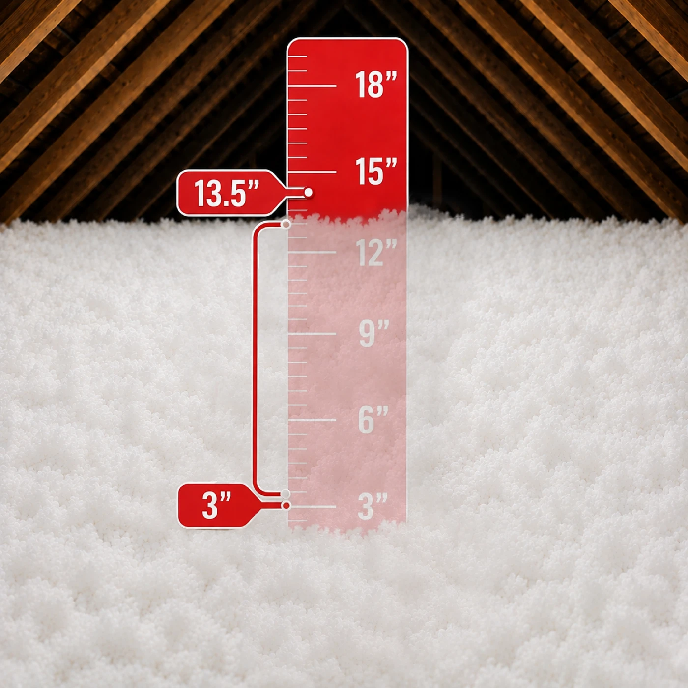 A ruler graphic marking the difference between 3 inches of existing insulation and the 13.5 inch R-38 level.