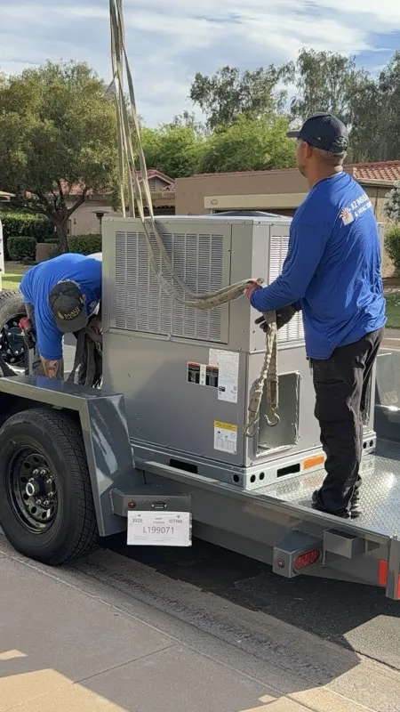 New rooftop packaged HVAC unit delivered for replacement at a Mesa home