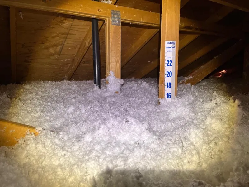 R-38 blown-in attic fiberglass insulation with a depth ruler in a Scottsdale home