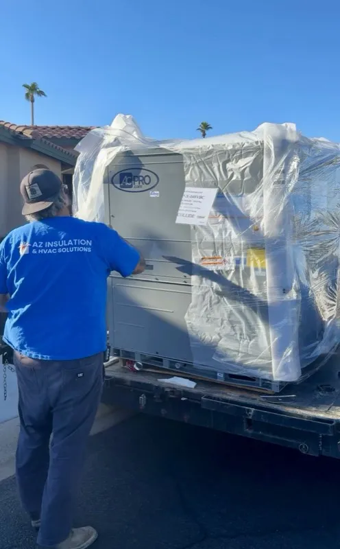 New packaged rooftop HVAC unit delivered for a Scottsdale home by AZ Insulation