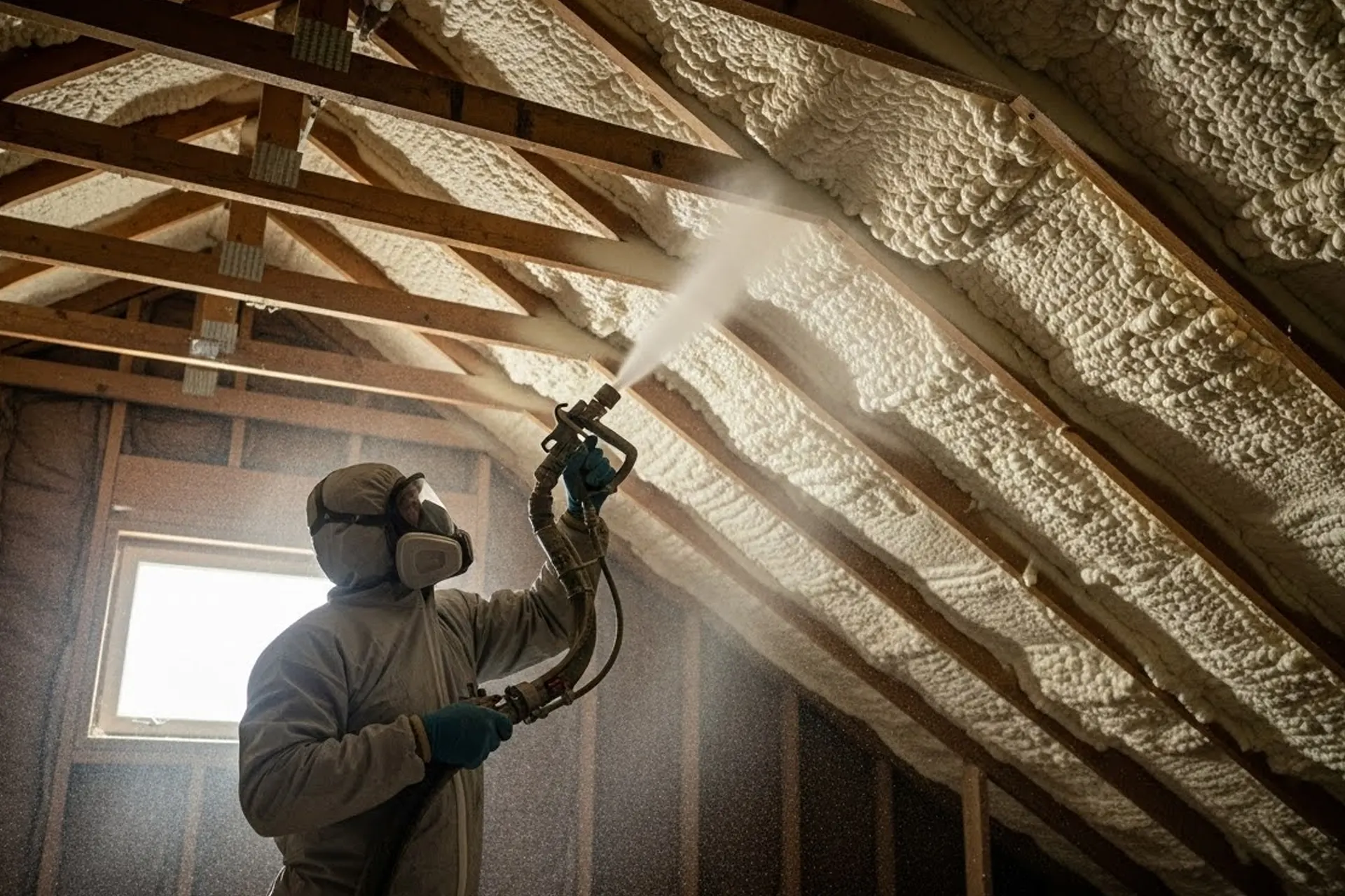 A technician in a full protective suit and respirator spraying open-cell foam insulation onto the underside of an Arizona roof deck.