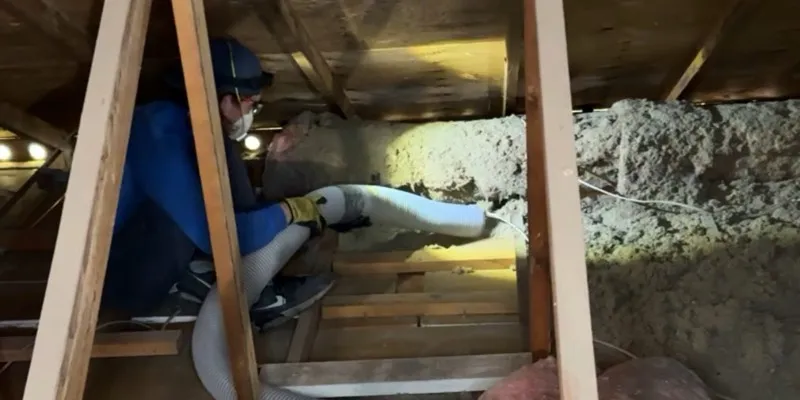 AZ Insulation technician vacuuming out old attic insulation in a Tempe home